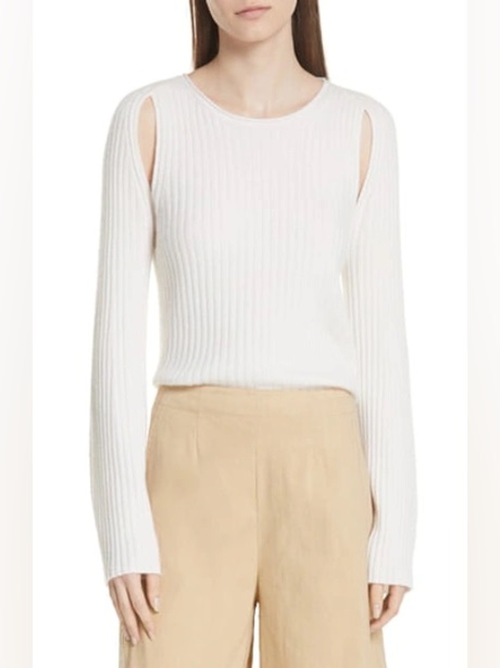 Vince Cashmere Cream Ribbed Shoulder Slit Long Sleeve Top Small Soft Lightweight
